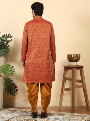 Silk blend jacquard maroon kurta with mustard elastic dhoti 3