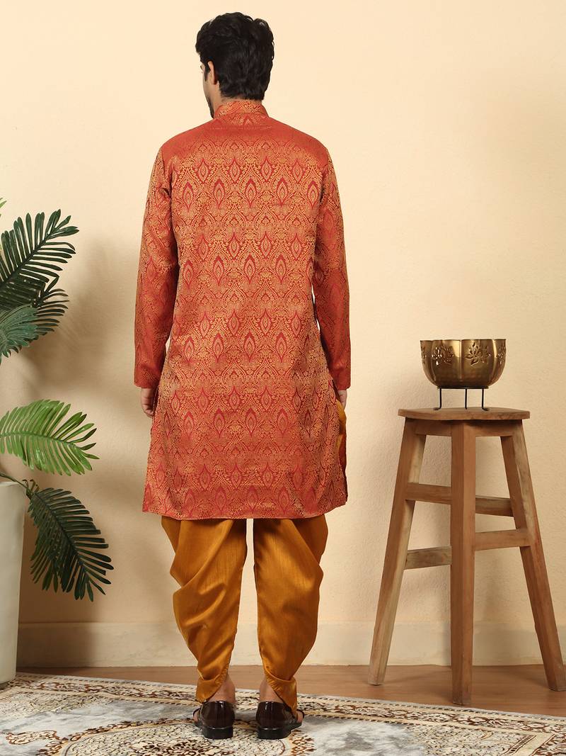 Silk blend jacquard maroon kurta with mustard elastic dhoti
