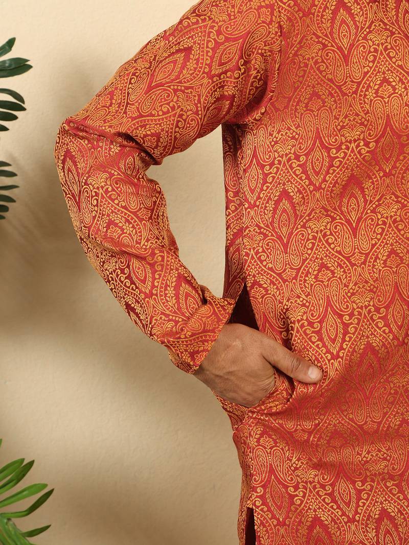Silk blend jacquard maroon kurta with mustard elastic dhoti