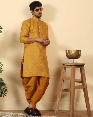 Silk blend jacquard mustard kurta with mustard elastic dhoti 1