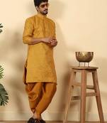 Silk blend jacquard mustard kurta with mustard elastic dhoti
