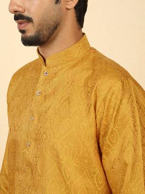 Silk blend jacquard mustard kurta with mustard elastic dhoti 2