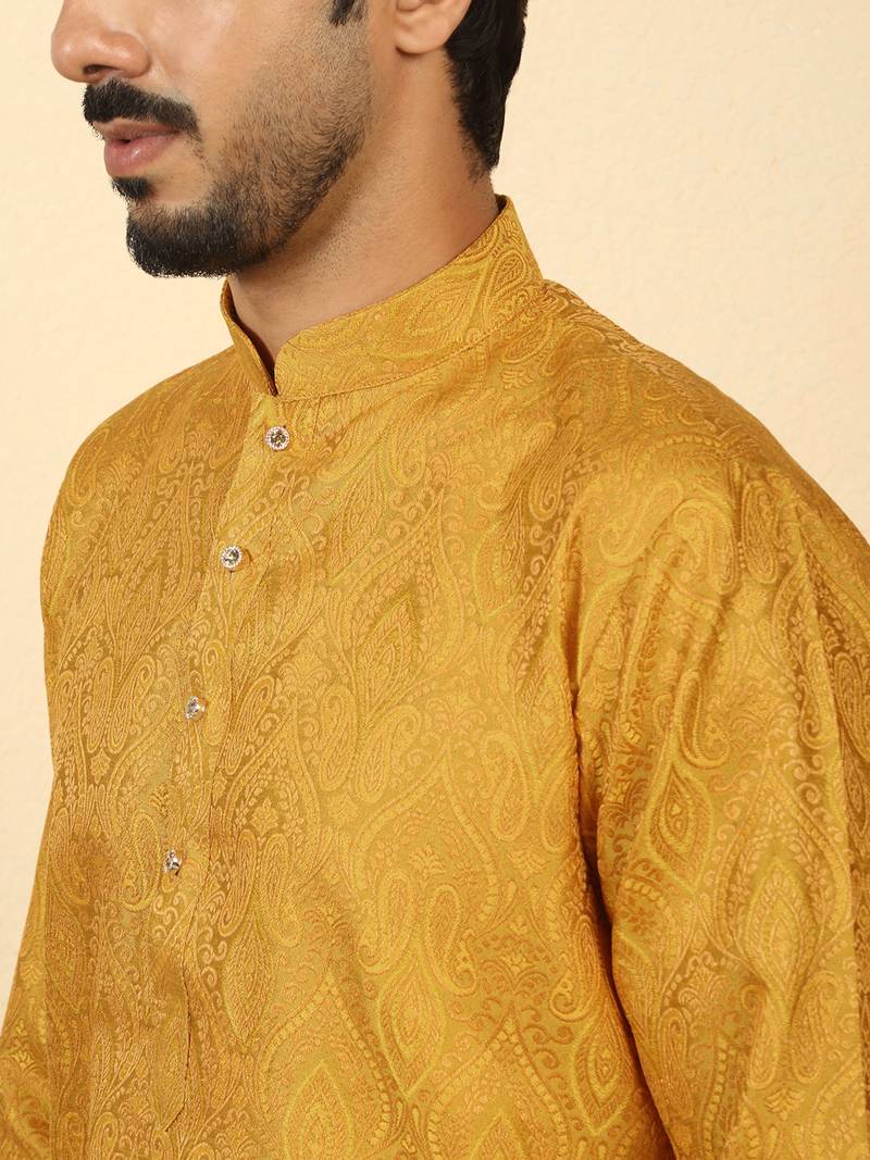 Silk blend jacquard mustard kurta with mustard elastic dhoti