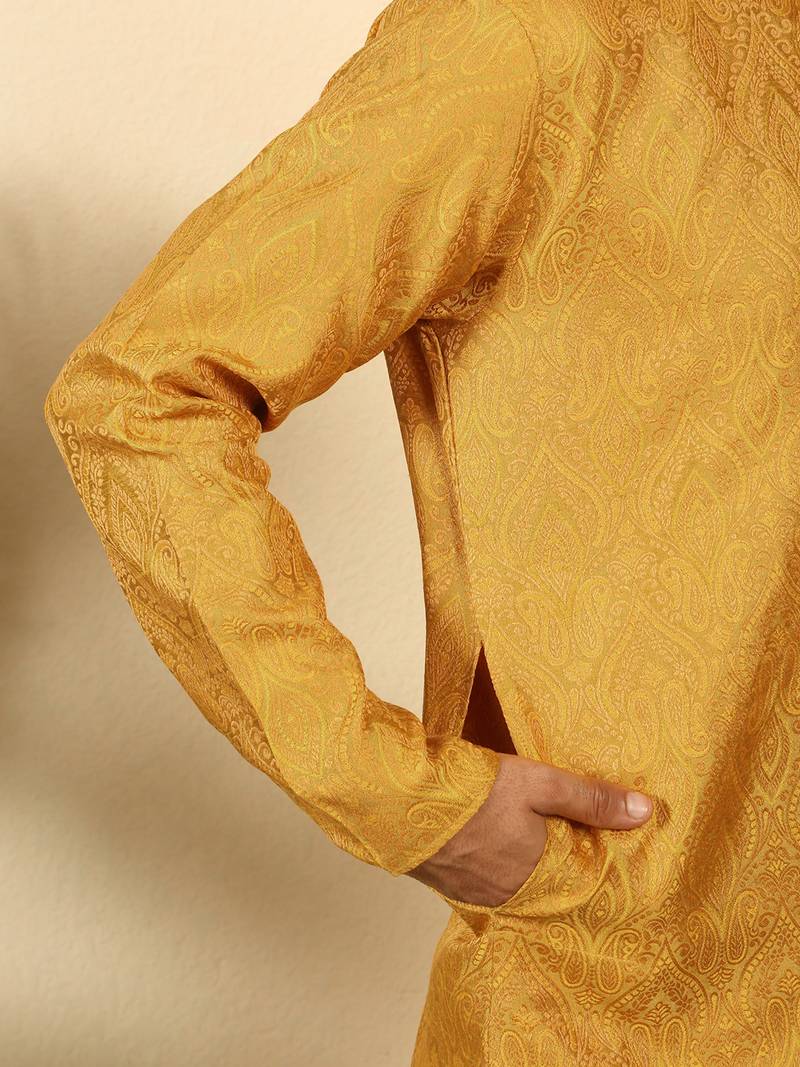 Silk blend jacquard mustard kurta with mustard elastic dhoti