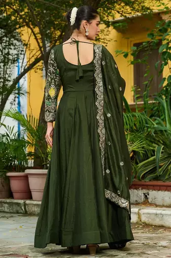 Mehendi vichitra silk readymade anarkali suit with thread embroidery work