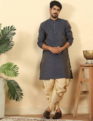 Silk blend jacquard geometric blue kurta with beige elastic dhoti 1