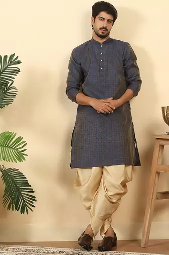 Silk blend jacquard geometric blue kurta with beige elastic dhoti