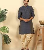 Silk blend jacquard geometric blue kurta with beige elastic dhoti