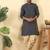 Silk blend jacquard geometric blue kurta with beige elastic dhoti