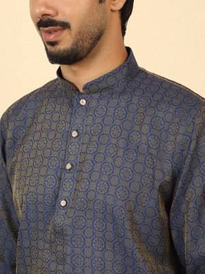 Silk blend jacquard geometric blue kurta with beige elastic dhoti 2