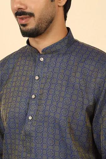 Silk blend jacquard geometric blue kurta with beige elastic dhoti