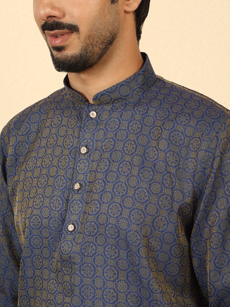 Silk blend jacquard geometric blue kurta with beige elastic dhoti