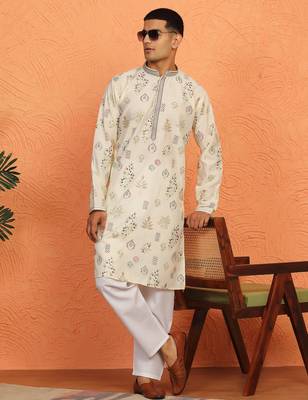 Floral printed cream cotton kurta and pyjamas 1