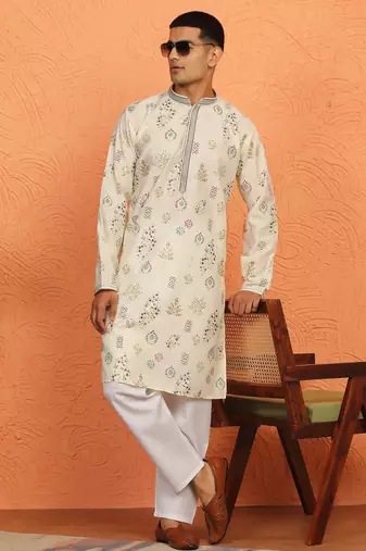 Floral printed cream cotton kurta and pyjamas