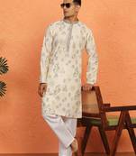 Floral printed cream cotton kurta and pyjamas