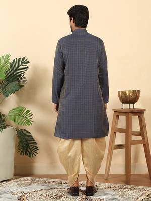 Silk blend jacquard geometric blue kurta with beige elastic dhoti 3