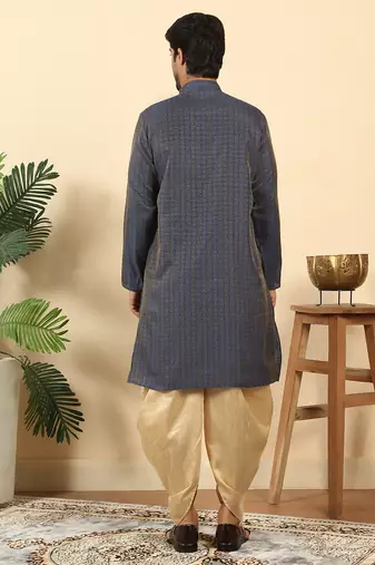 Silk blend jacquard geometric blue kurta with beige elastic dhoti