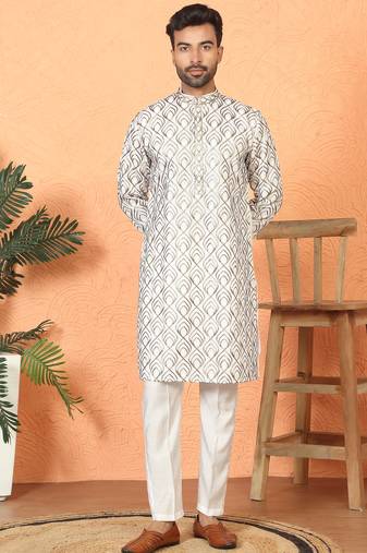 Cotton silk embroidered thread work cream kurta with trouser