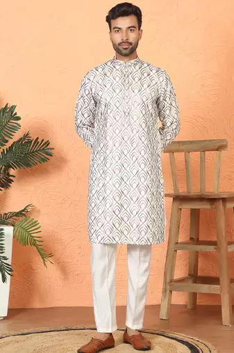Cotton silk embroidered thread work cream kurta with trouser