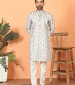 Cotton silk embroidered thread work cream kurta with trouser
