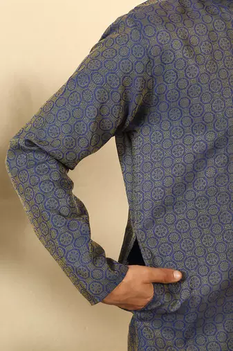 Silk blend jacquard geometric blue kurta with beige elastic dhoti