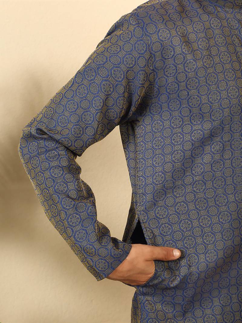 Silk blend jacquard geometric blue kurta with beige elastic dhoti
