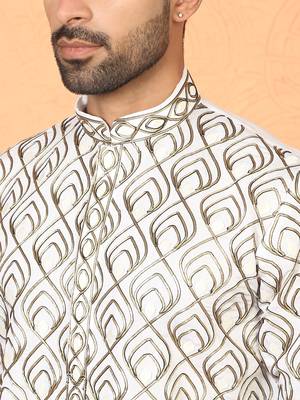 Cotton silk embroidered thread work cream kurta with trouser 2