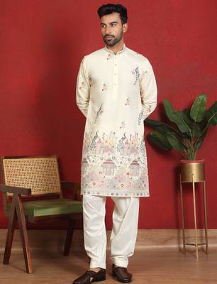 Cotton silk multi embroidered daman work cream kurta with salwar 1