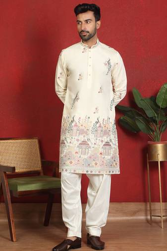 Cotton silk multi embroidered daman work cream kurta with salwar