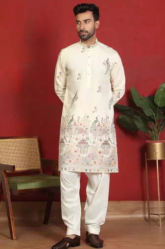 Cotton silk multi embroidered daman work cream kurta with salwar