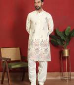 Cotton silk multi embroidered daman work cream kurta with salwar
