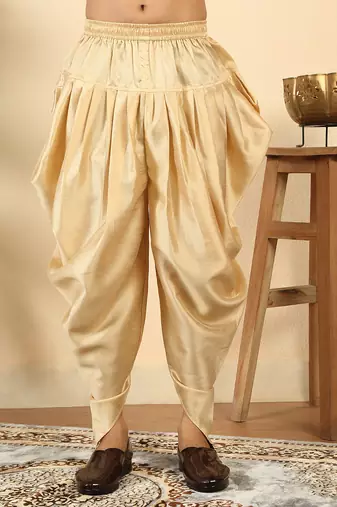 Silk blend jacquard geometric blue kurta with beige elastic dhoti