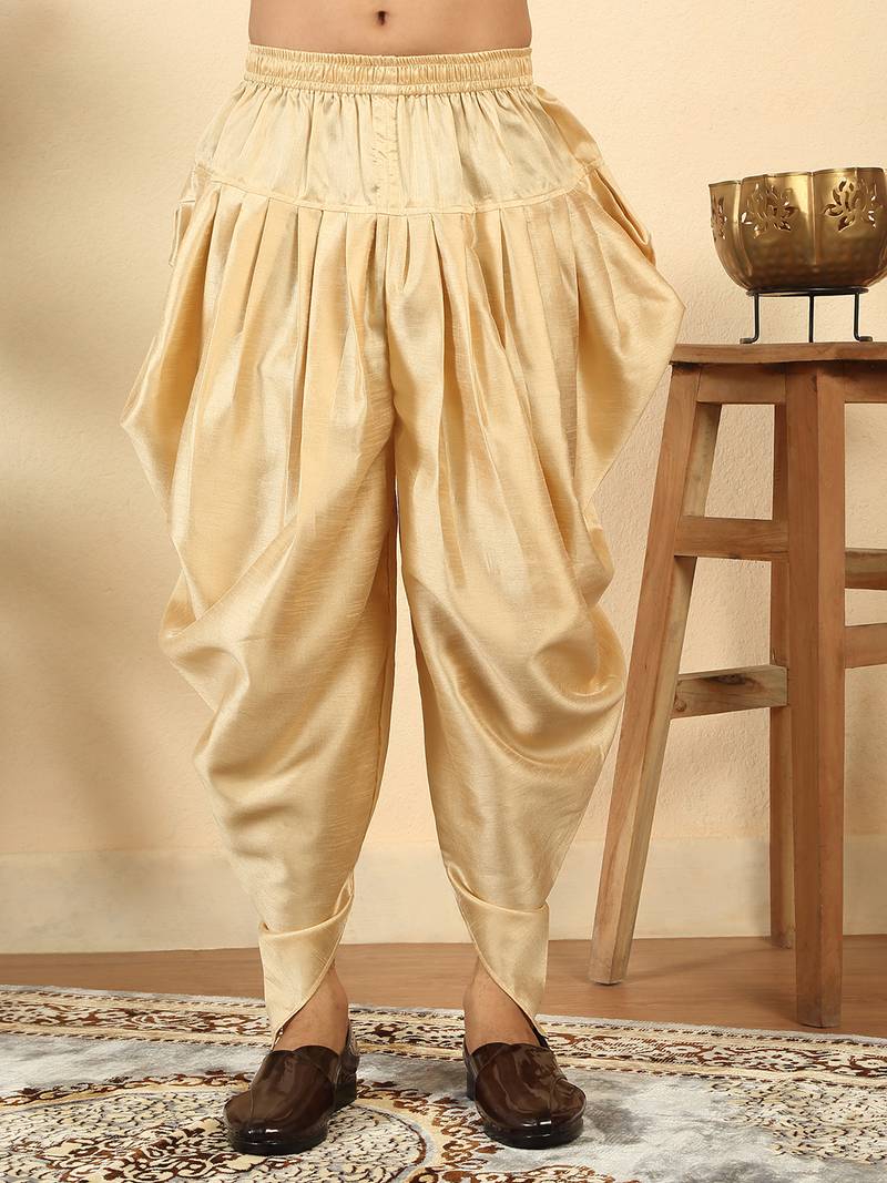 Silk blend jacquard geometric blue kurta with beige elastic dhoti