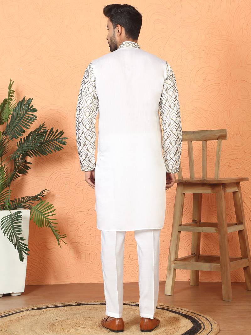 Cotton silk embroidered thread work cream kurta with trouser