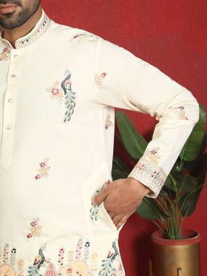 Cotton silk multi embroidered daman work cream kurta with salwar 5