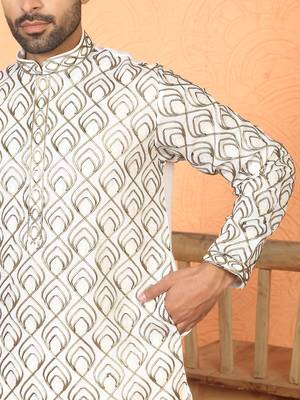 Cotton silk embroidered thread work cream kurta with trouser 5
