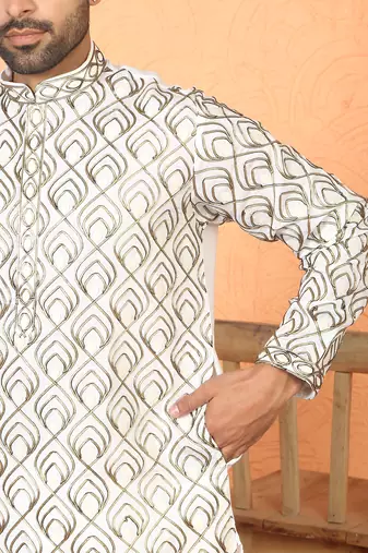 Cotton silk embroidered thread work cream kurta with trouser