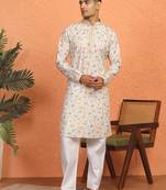 Floral printed cream cotton kurta and pyjamas