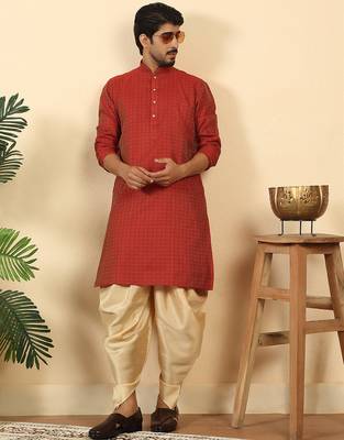 Silk blend jacquard geometric maroon kurta with beige elastic dhoti 1