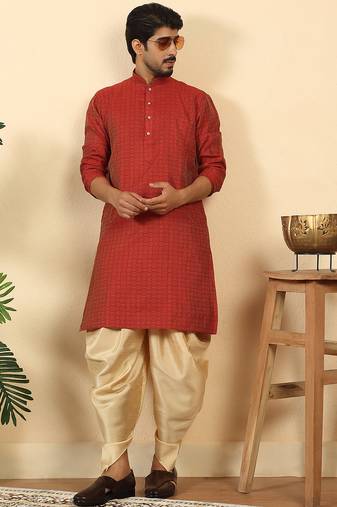 Silk blend jacquard geometric maroon kurta with beige elastic dhoti