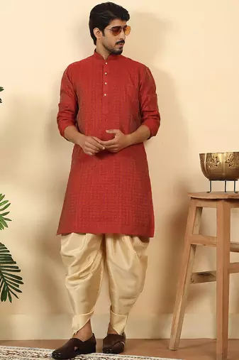 Silk blend jacquard geometric maroon kurta with beige elastic dhoti