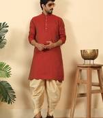 Silk blend jacquard geometric maroon kurta with beige elastic dhoti