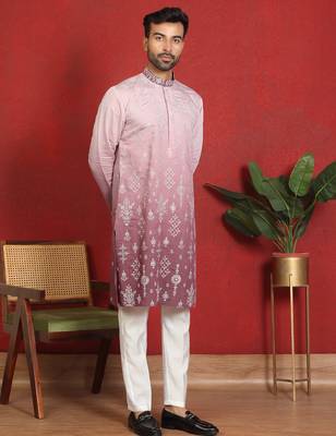Cotton silk embroidered thread work mauve kurta with trouser 1