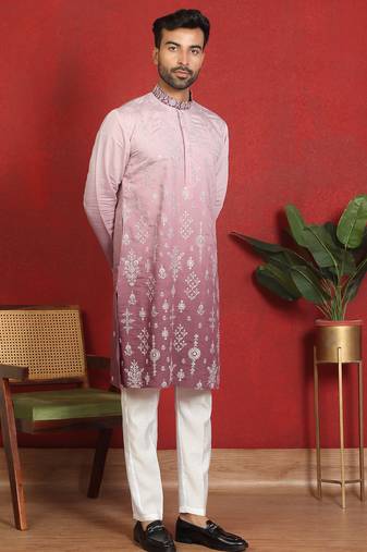 Cotton silk embroidered thread work mauve kurta with trouser