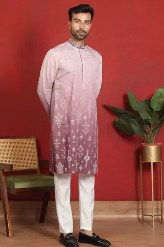 Cotton silk embroidered thread work mauve kurta with trouser
