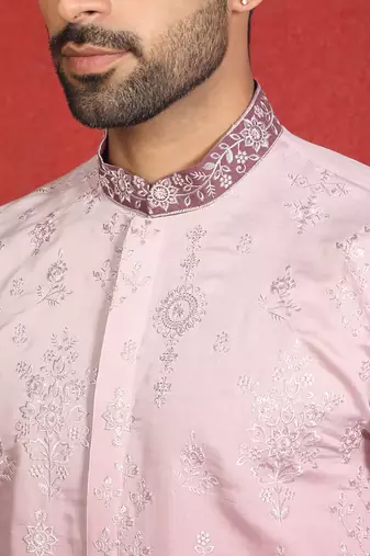 Cotton silk embroidered thread work mauve kurta with trouser