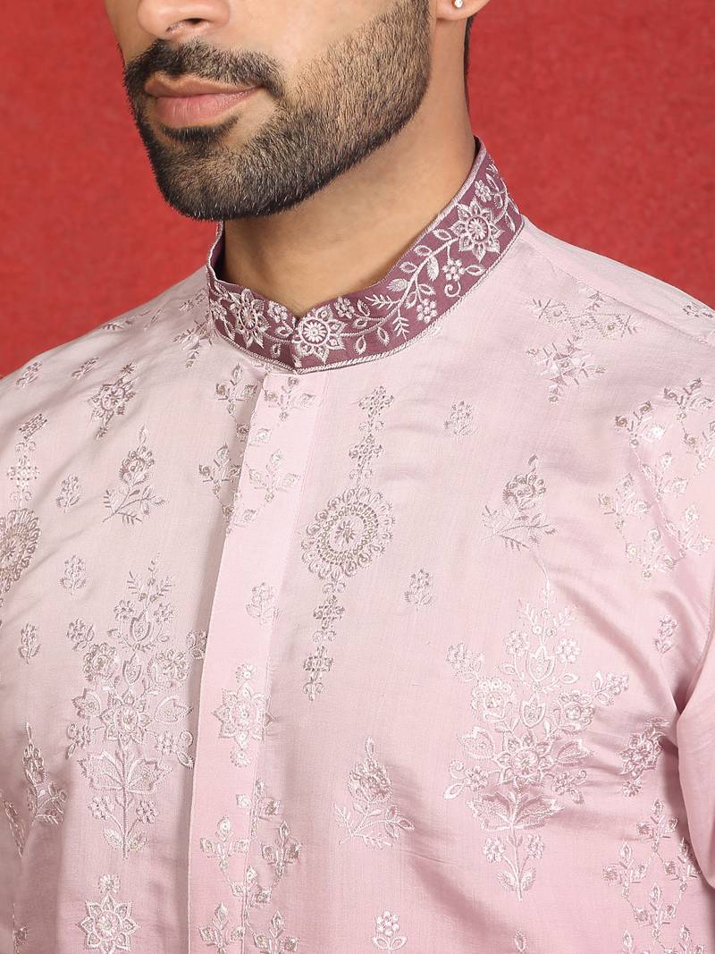 Cotton silk embroidered thread work mauve kurta with trouser
