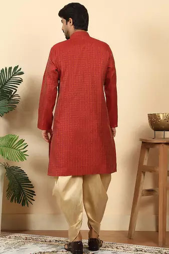 Silk blend jacquard geometric maroon kurta with beige elastic dhoti