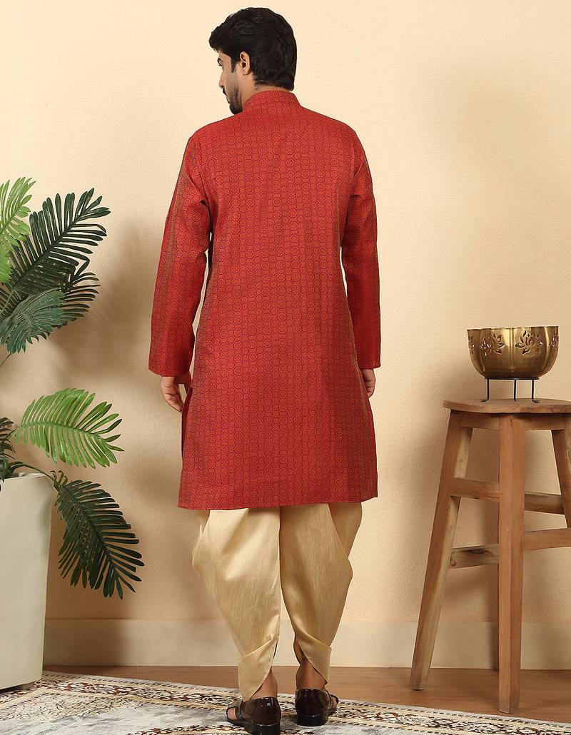 Silk blend jacquard geometric maroon kurta with beige elastic dhoti