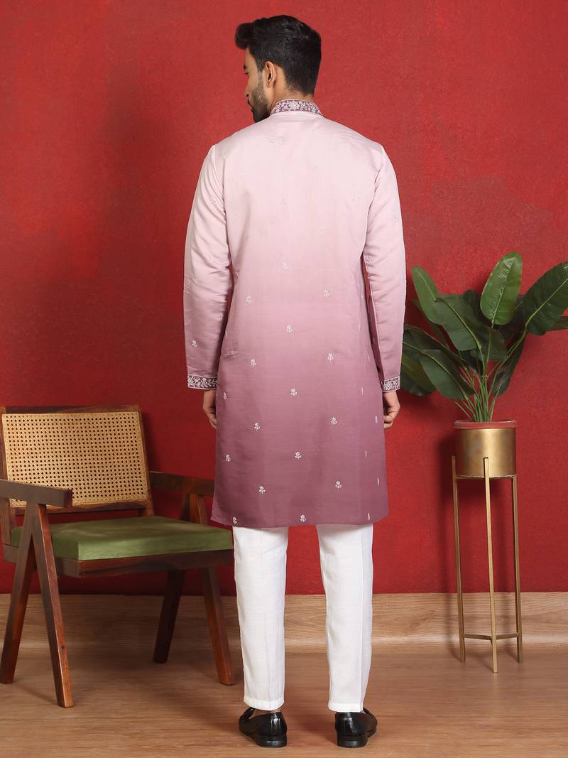 Cotton silk embroidered thread work mauve kurta with trouser